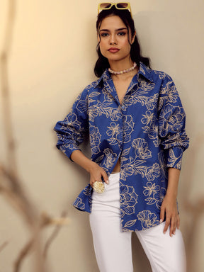 Blue Poplin Floral Regular Shirt -Pink Paprika By SASSAFRAS