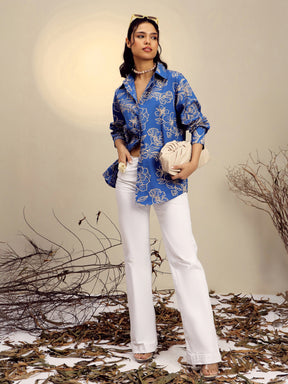 Blue Poplin Floral Regular Shirt -Pink Paprika By SASSAFRAS