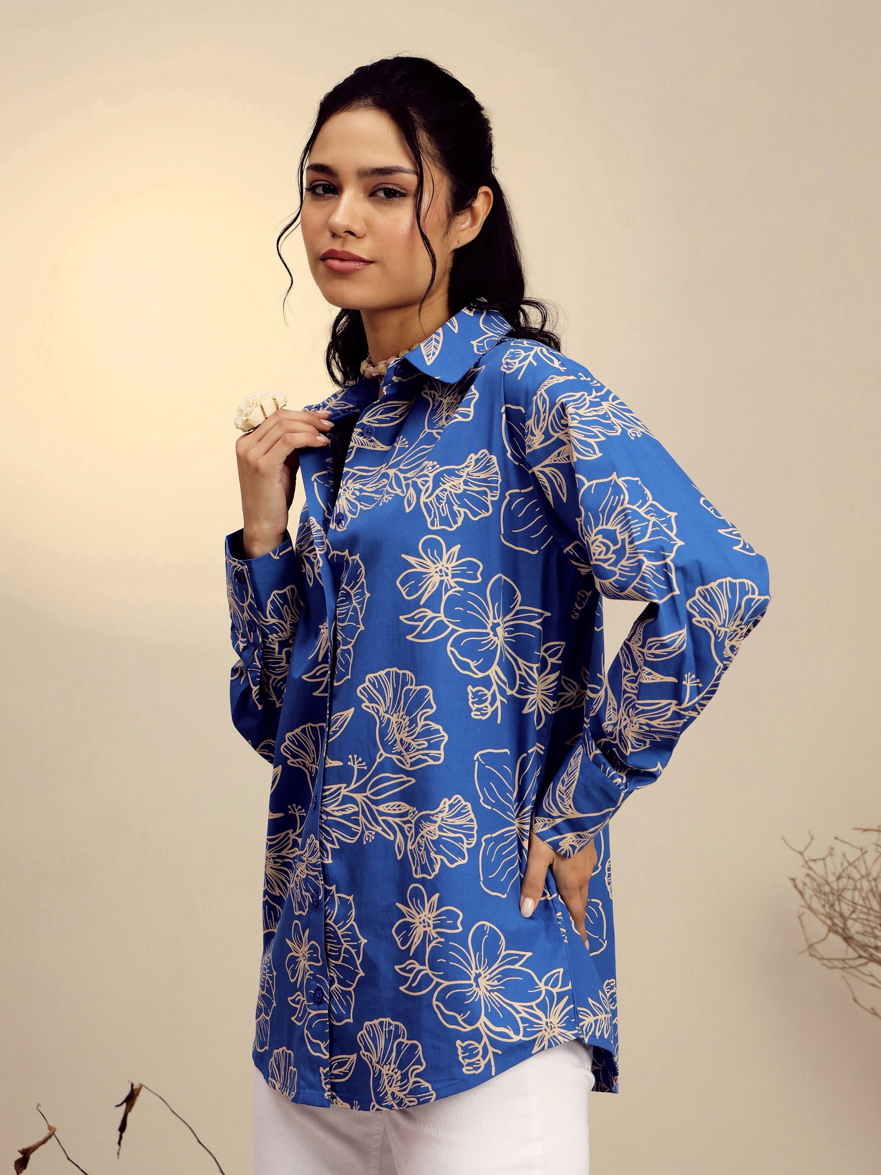 Blue Poplin Floral Regular Shirt -Pink Paprika By SASSAFRAS