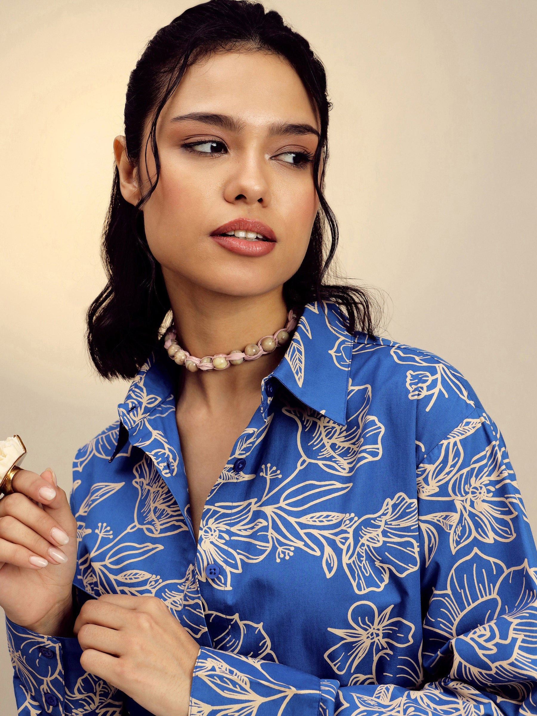Blue Poplin Floral Regular Shirt -Pink Paprika By SASSAFRAS