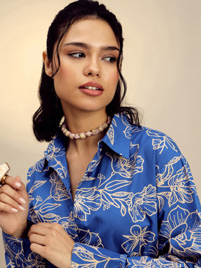 Blue Poplin Floral Regular Shirt -Pink Paprika By SASSAFRAS