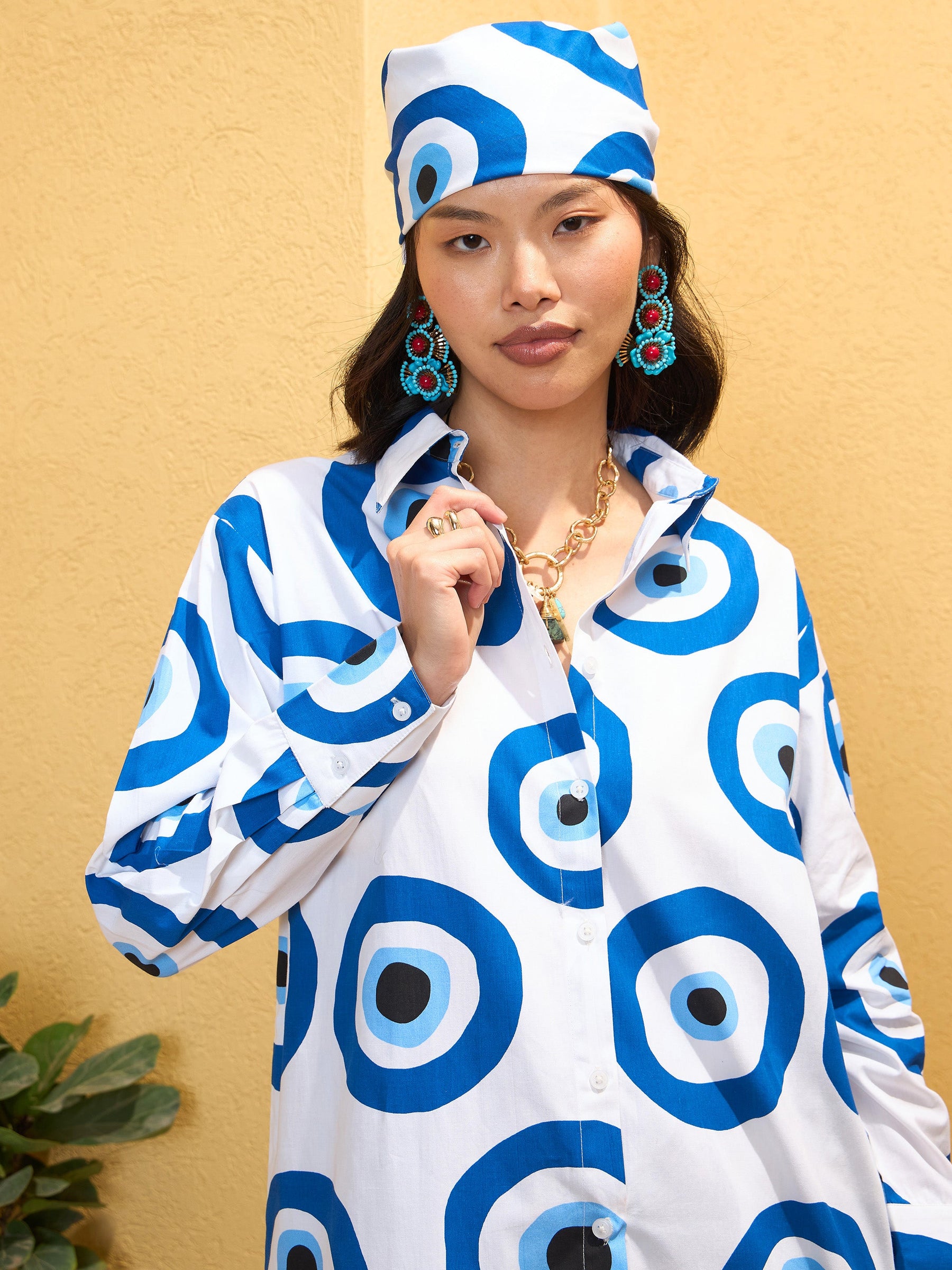 White Poplin Evil Eye Print Regular Shirt -Pink Paprika By SASSAFRAS