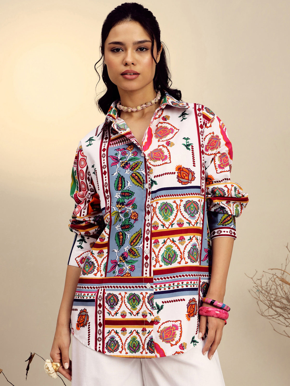 White Poplin Multi Patch Print Regular Shirt-Pink Paprika By SASSAFRAS