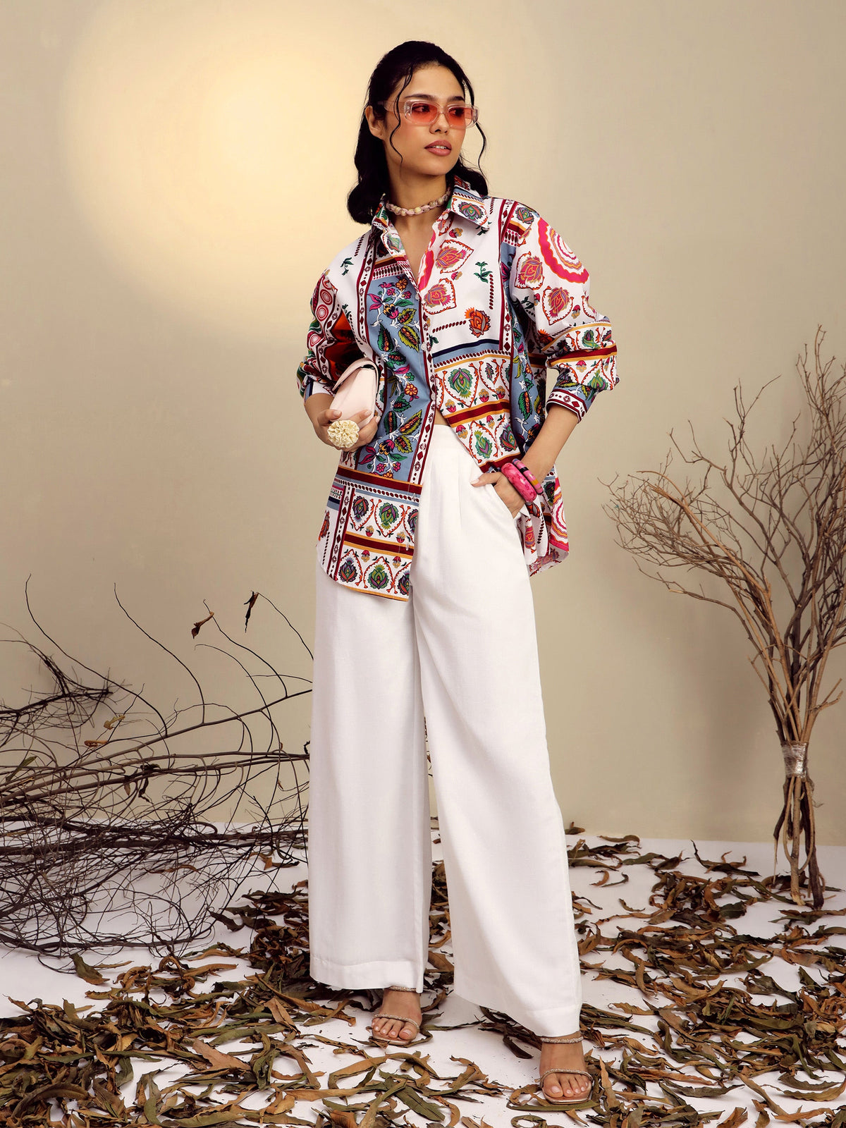 White Poplin Multi Patch Print Regular Shirt-Pink Paprika By SASSAFRAS