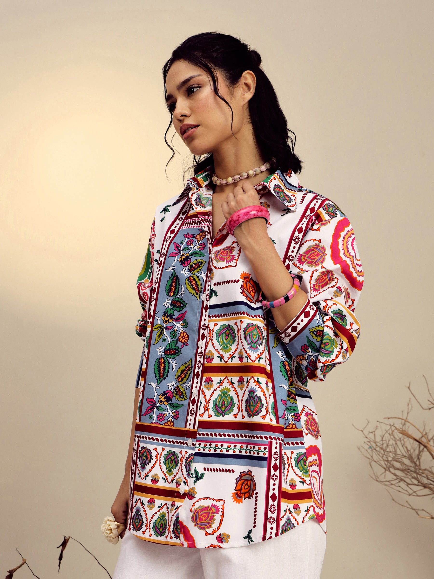White Poplin Multi Patch Print Regular Shirt-Pink Paprika By SASSAFRAS