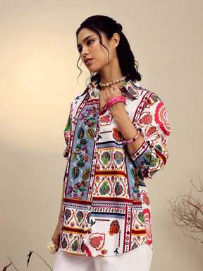 White Poplin Multi Patch Print Regular Shirt-Pink Paprika By SASSAFRAS