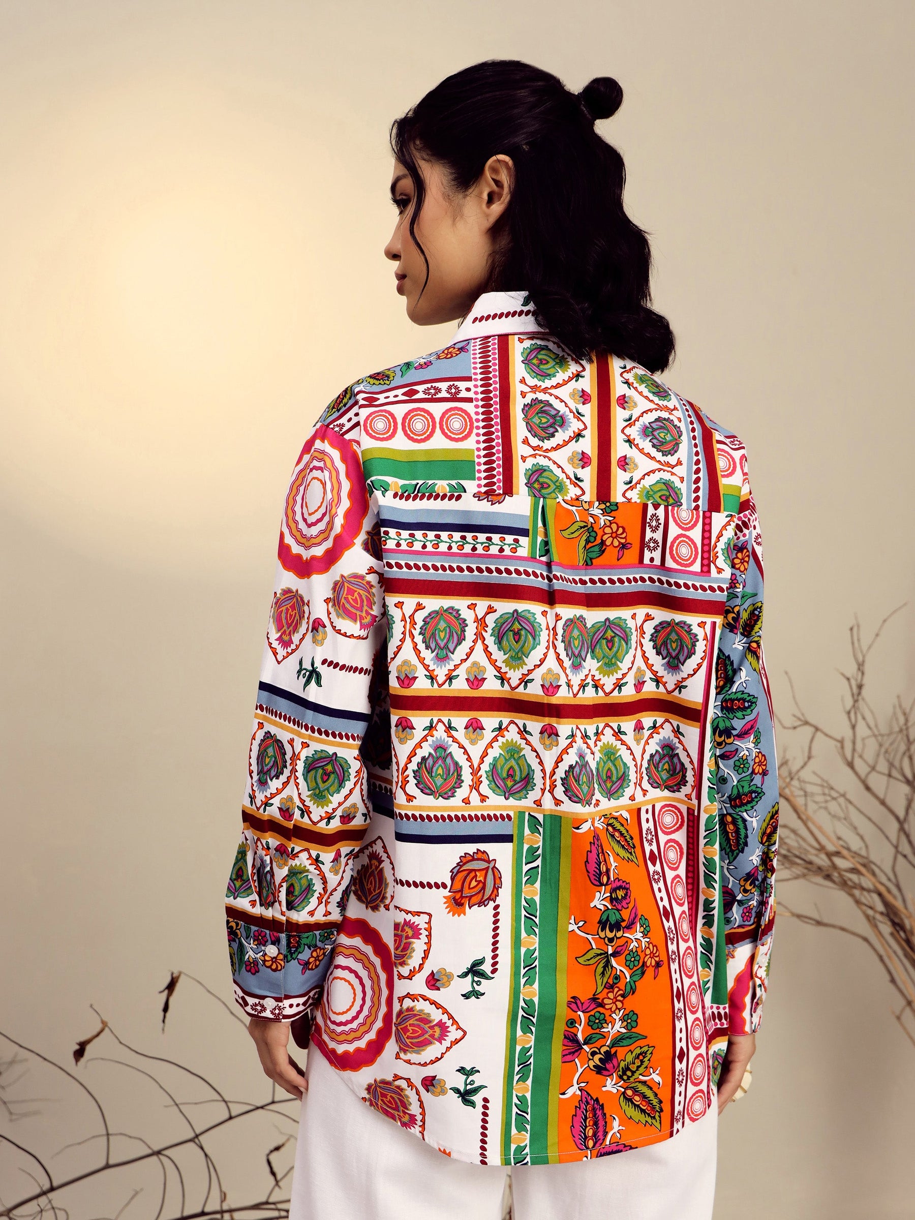 White Poplin Multi Patch Print Regular Shirt-Pink Paprika By SASSAFRAS