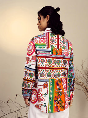 White Poplin Multi Patch Print Regular Shirt-Pink Paprika By SASSAFRAS