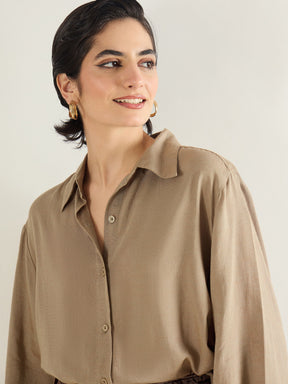 Beige Linen Oversize Shirt-SASSAFRAS BASICS