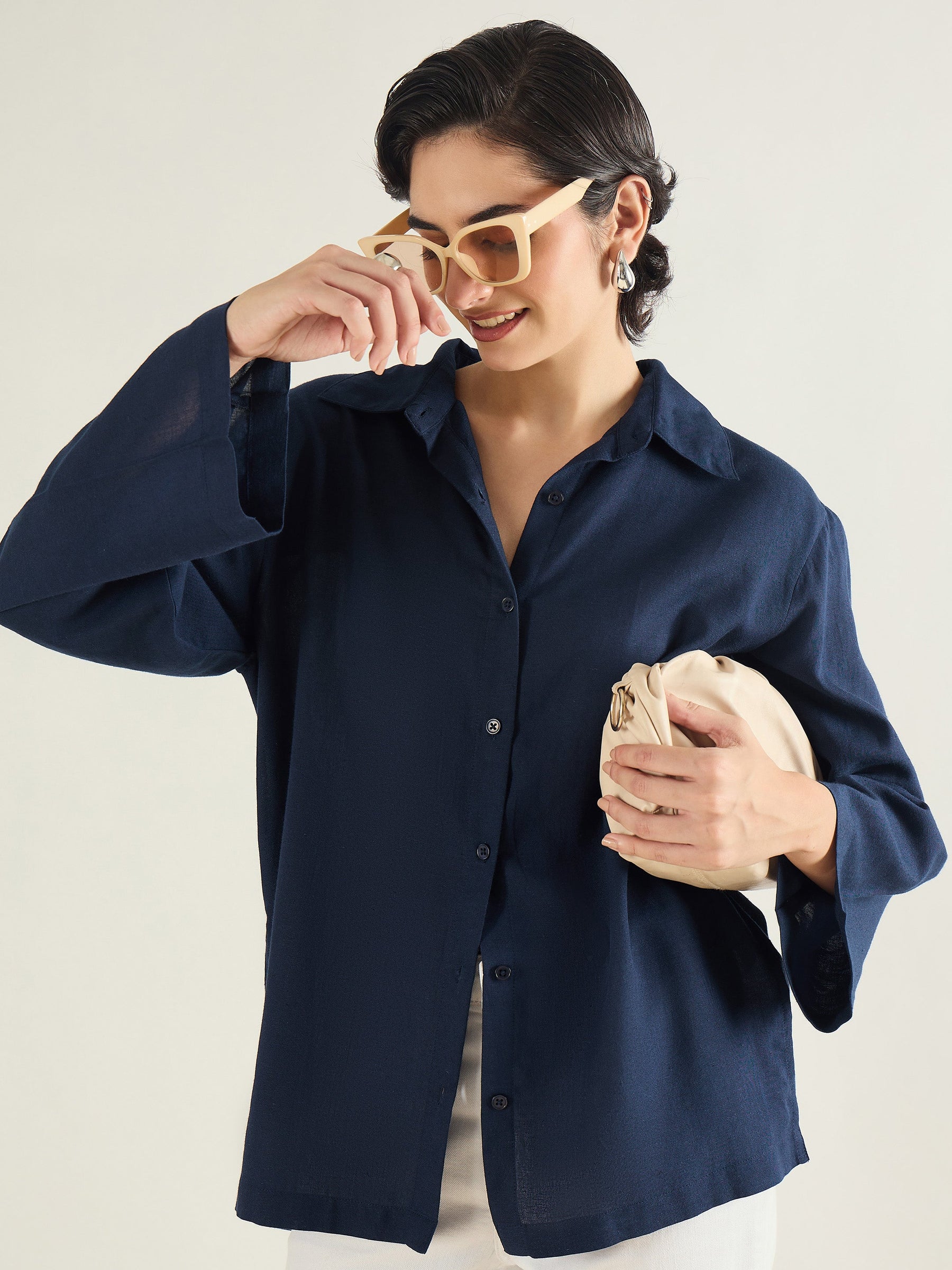 Navy Linen Oversize Shirt-SASSAFRAS BASICS