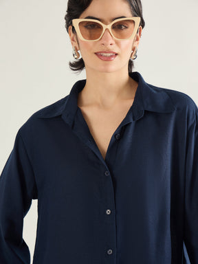 Navy Linen Oversize Shirt-SASSAFRAS BASICS
