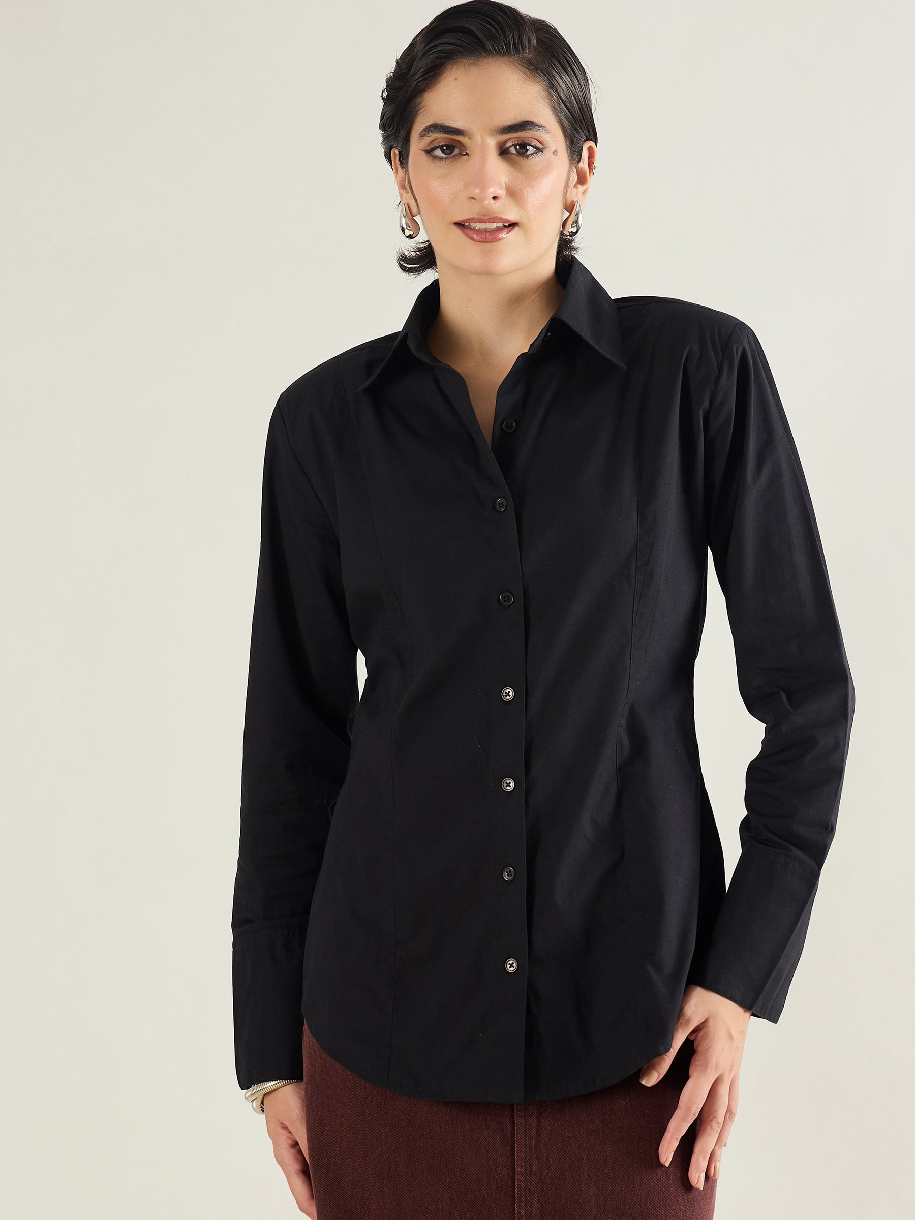 Black Shoulder Padded Slim Fit Poplin Shirt-SASSAFRAS BASICS