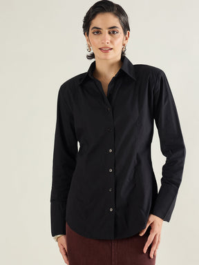 Black Shoulder Padded Slim Fit Poplin Shirt-SASSAFRAS BASICS