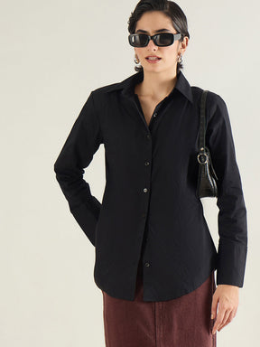 Black Shoulder Padded Slim Fit Poplin Shirt-SASSAFRAS BASICS