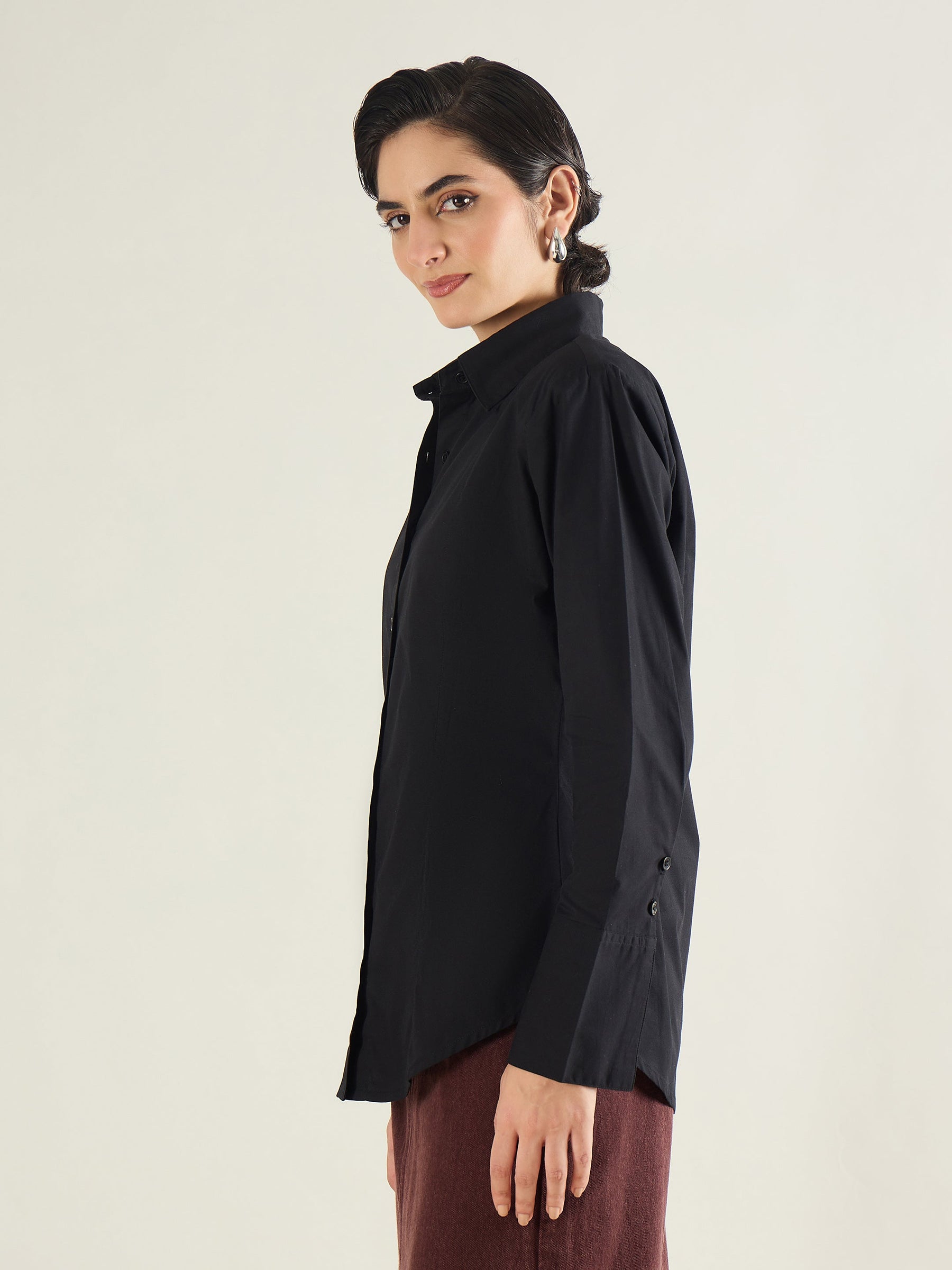 Black Shoulder Padded Slim Fit Poplin Shirt-SASSAFRAS BASICS