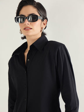 Black Shoulder Padded Slim Fit Poplin Shirt-SASSAFRAS BASICS