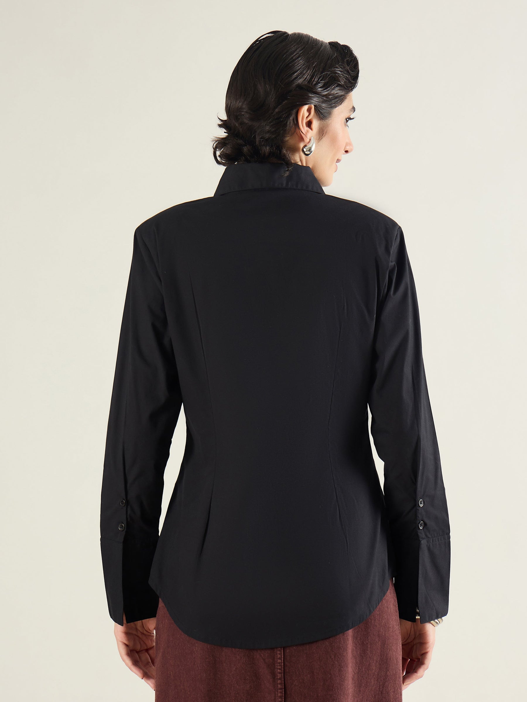 Black Shoulder Padded Slim Fit Poplin Shirt-SASSAFRAS BASICS