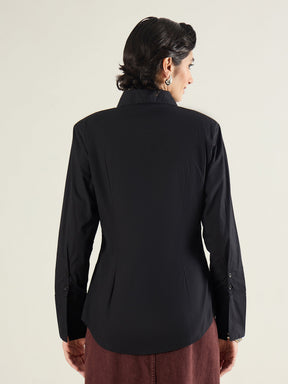Black Shoulder Padded Slim Fit Poplin Shirt-SASSAFRAS BASICS