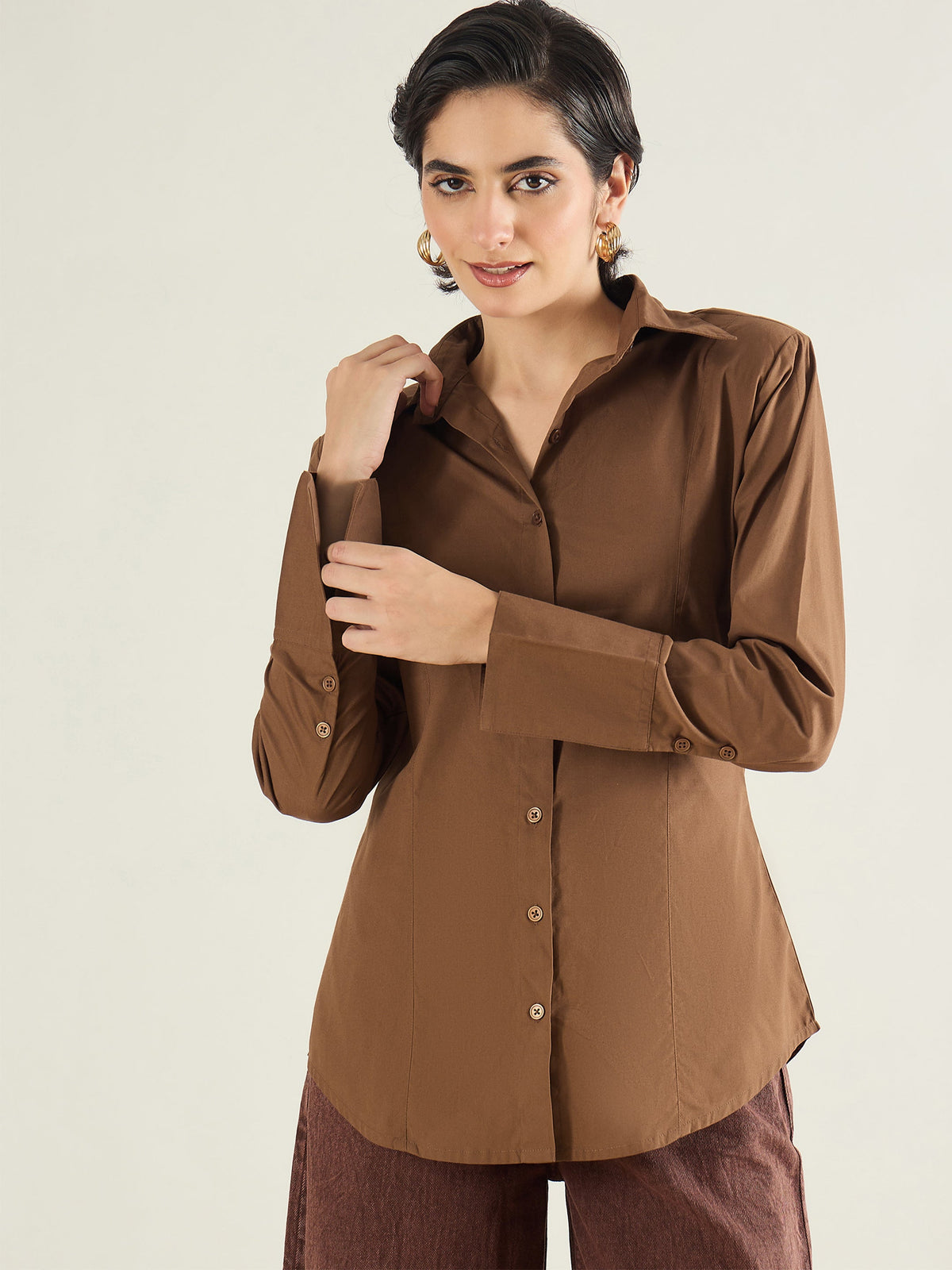 Brown Shoulder Padded Slim Fit Poplin Shirt-SASSAFRAS BASICS