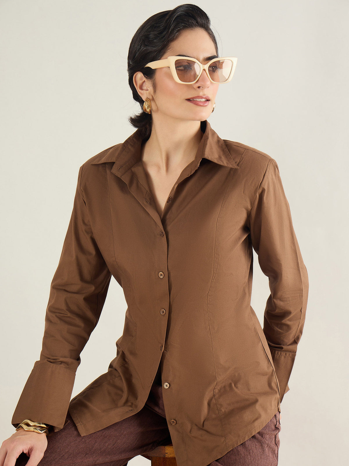 Brown Shoulder Padded Slim Fit Poplin Shirt-SASSAFRAS BASICS