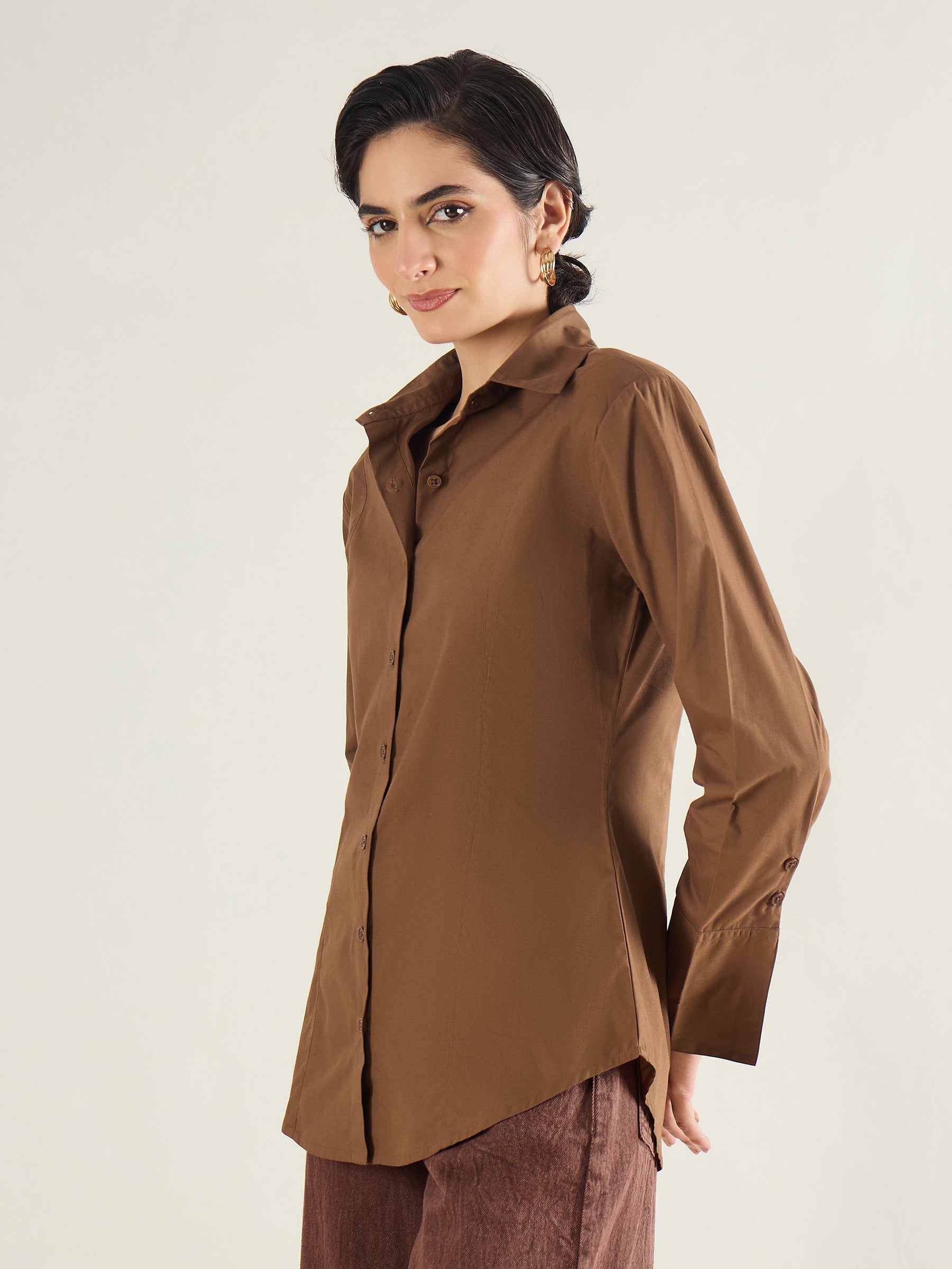 Brown Shoulder Padded Slim Fit Poplin Shirt-SASSAFRAS BASICS