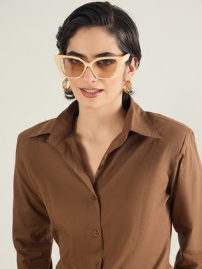 Brown Shoulder Padded Slim Fit Poplin Shirt-SASSAFRAS BASICS