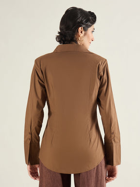 Brown Shoulder Padded Slim Fit Poplin Shirt-SASSAFRAS BASICS