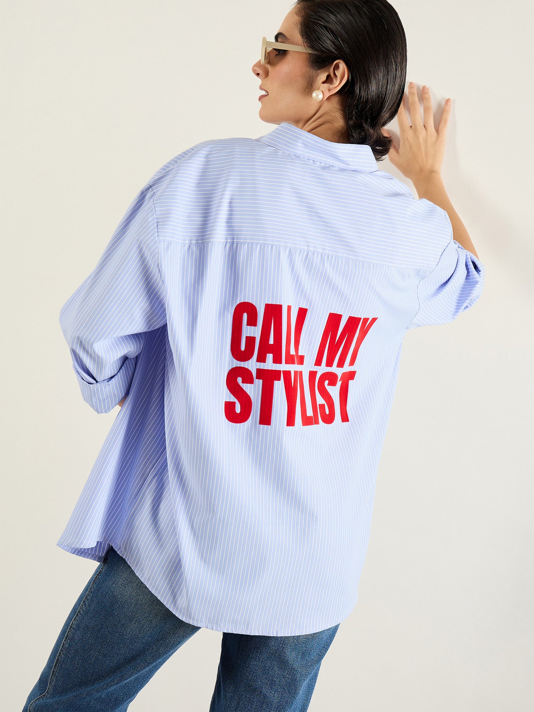 Blue & White Stripes Typography Relax Shirt-SASSAFRAS