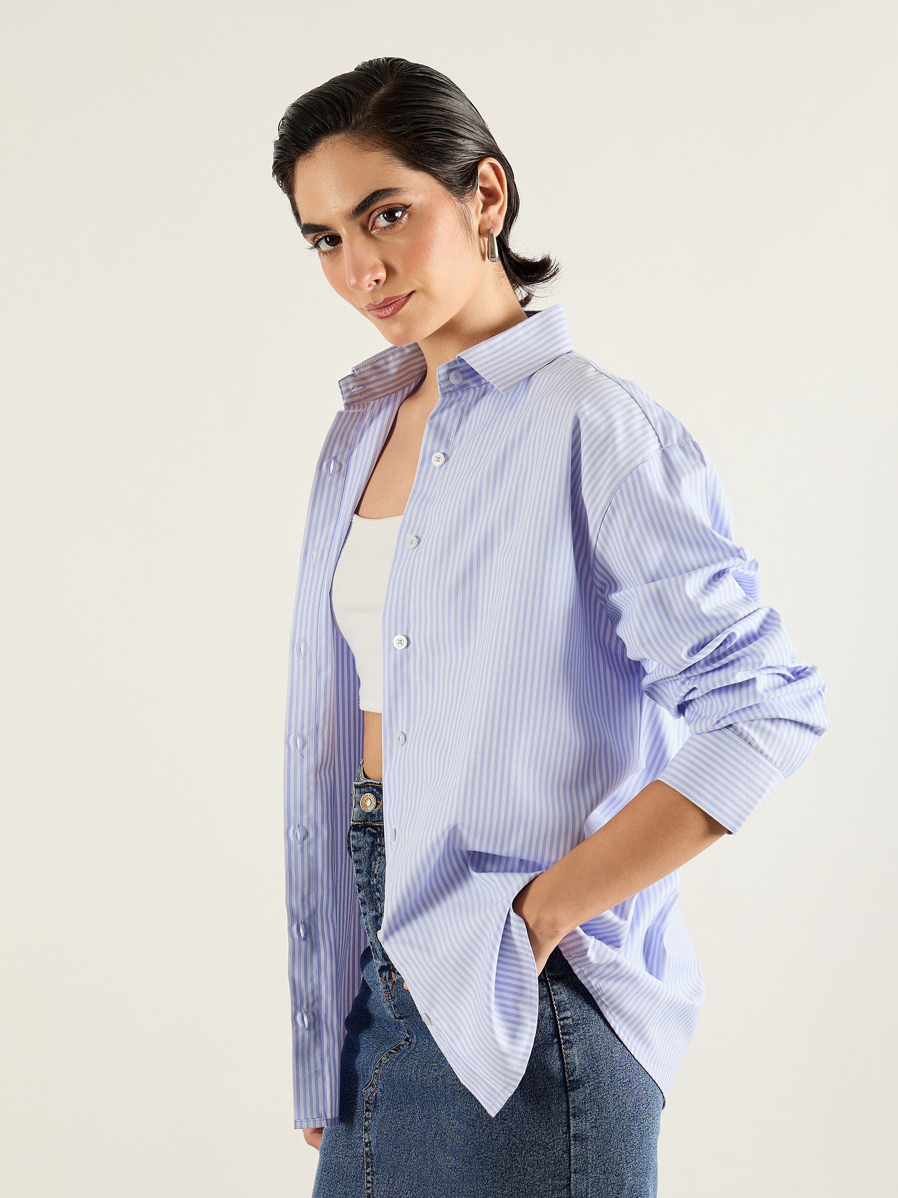 Blue & White Stripes Typography Relax Shirt-SASSAFRAS