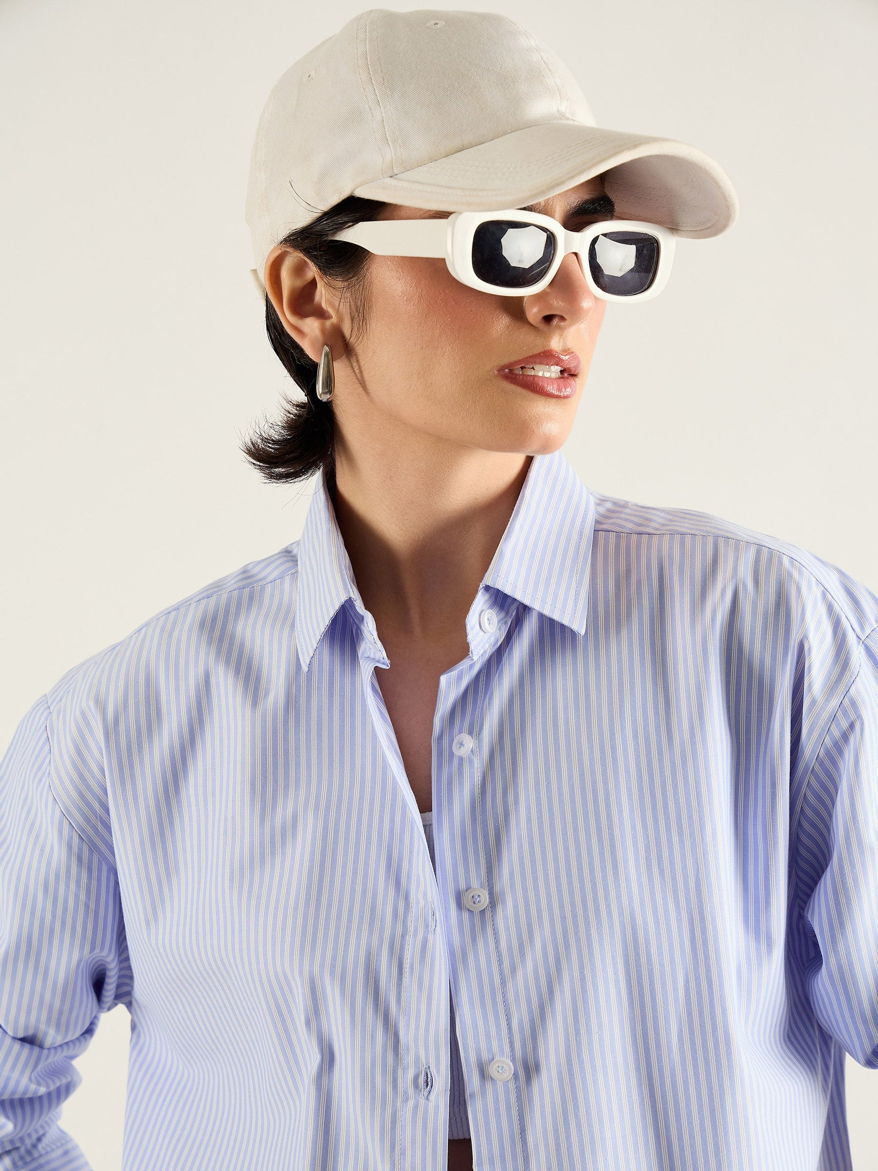 Blue & White Stripes Typography Relax Shirt-SASSAFRAS
