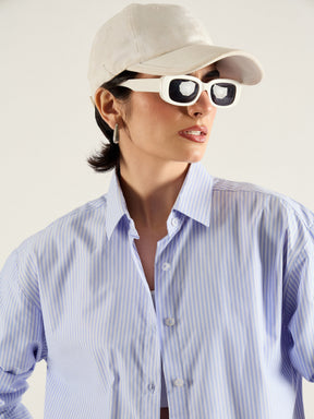 Blue & White Stripes Typography Relax Shirt-SASSAFRAS