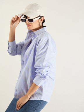 Blue & White Stripes Typography Relax Shirt-SASSAFRAS