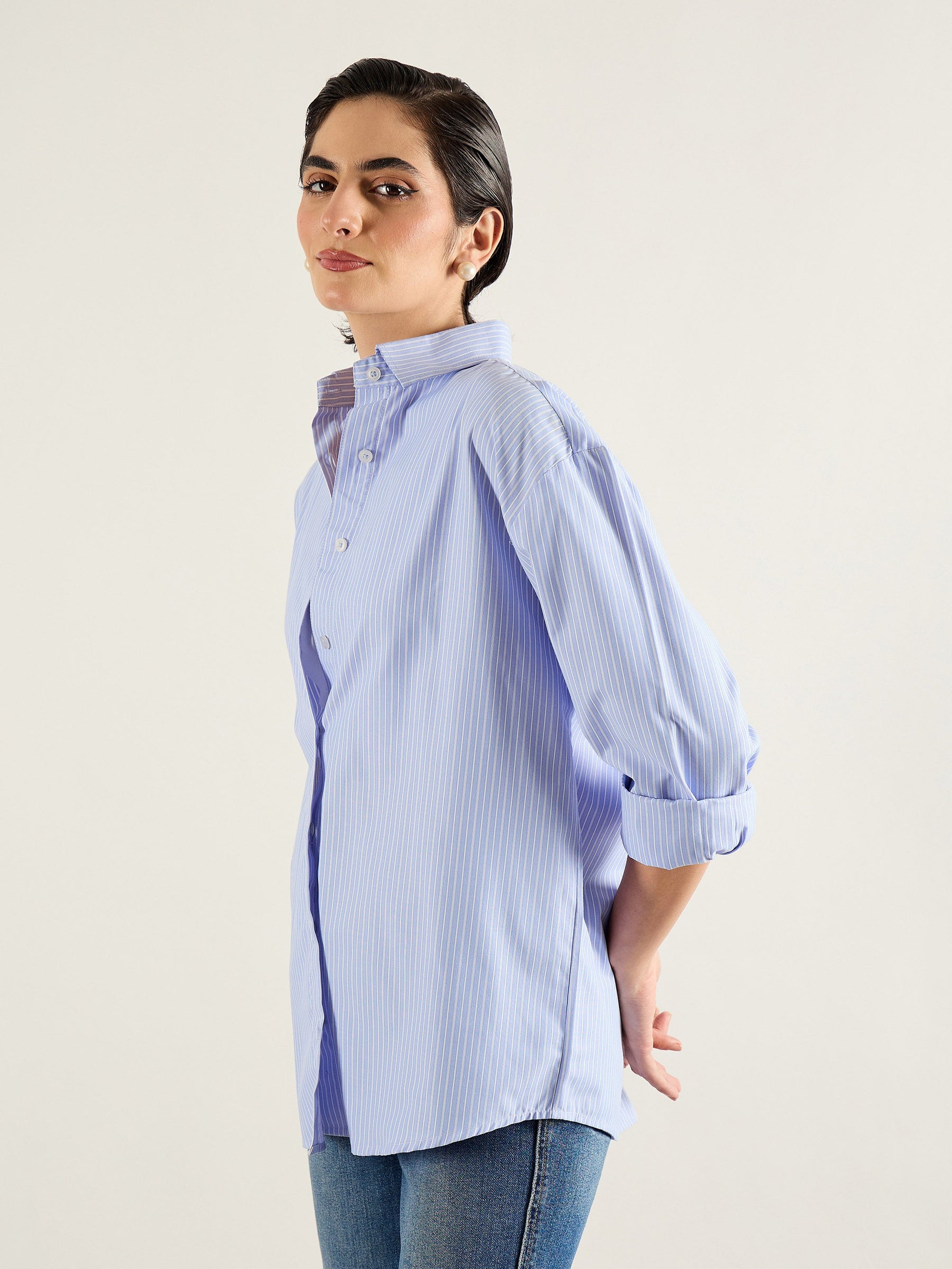 Blue & White Printed Back Relax Shirt-SASSAFRAS