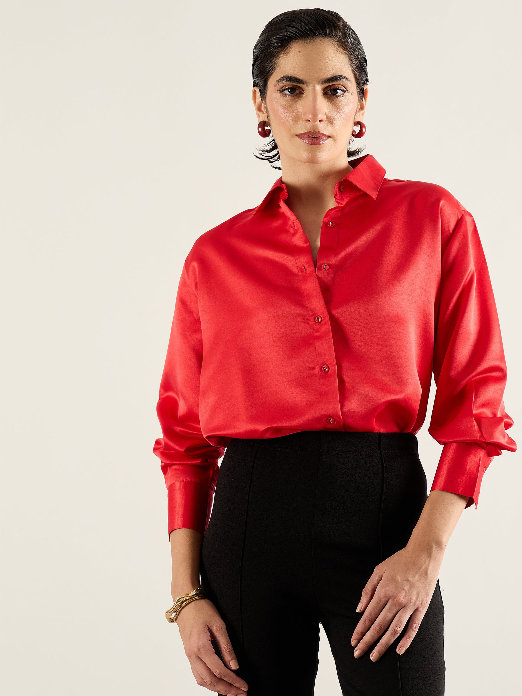 Red Satin Oversized Shirt-SASSAFRAS