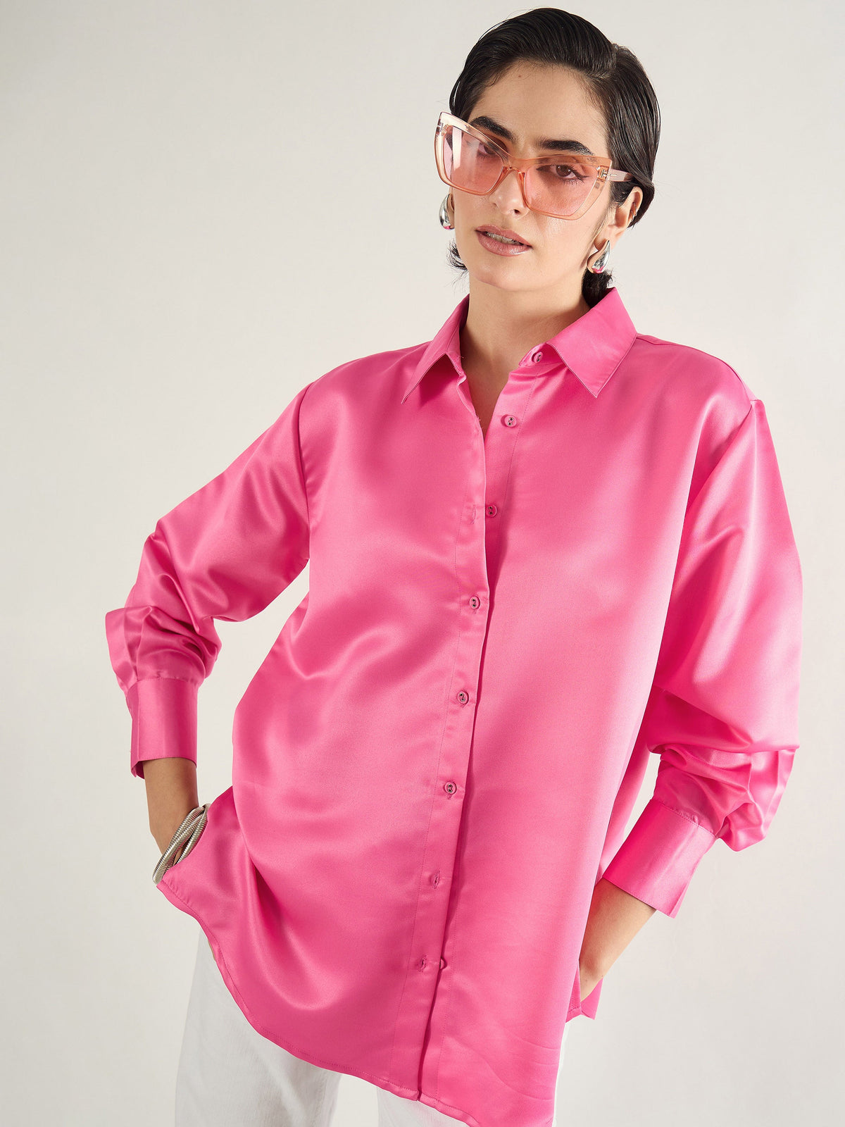 Pink Satin Oversized Shirt-SASSAFRAS