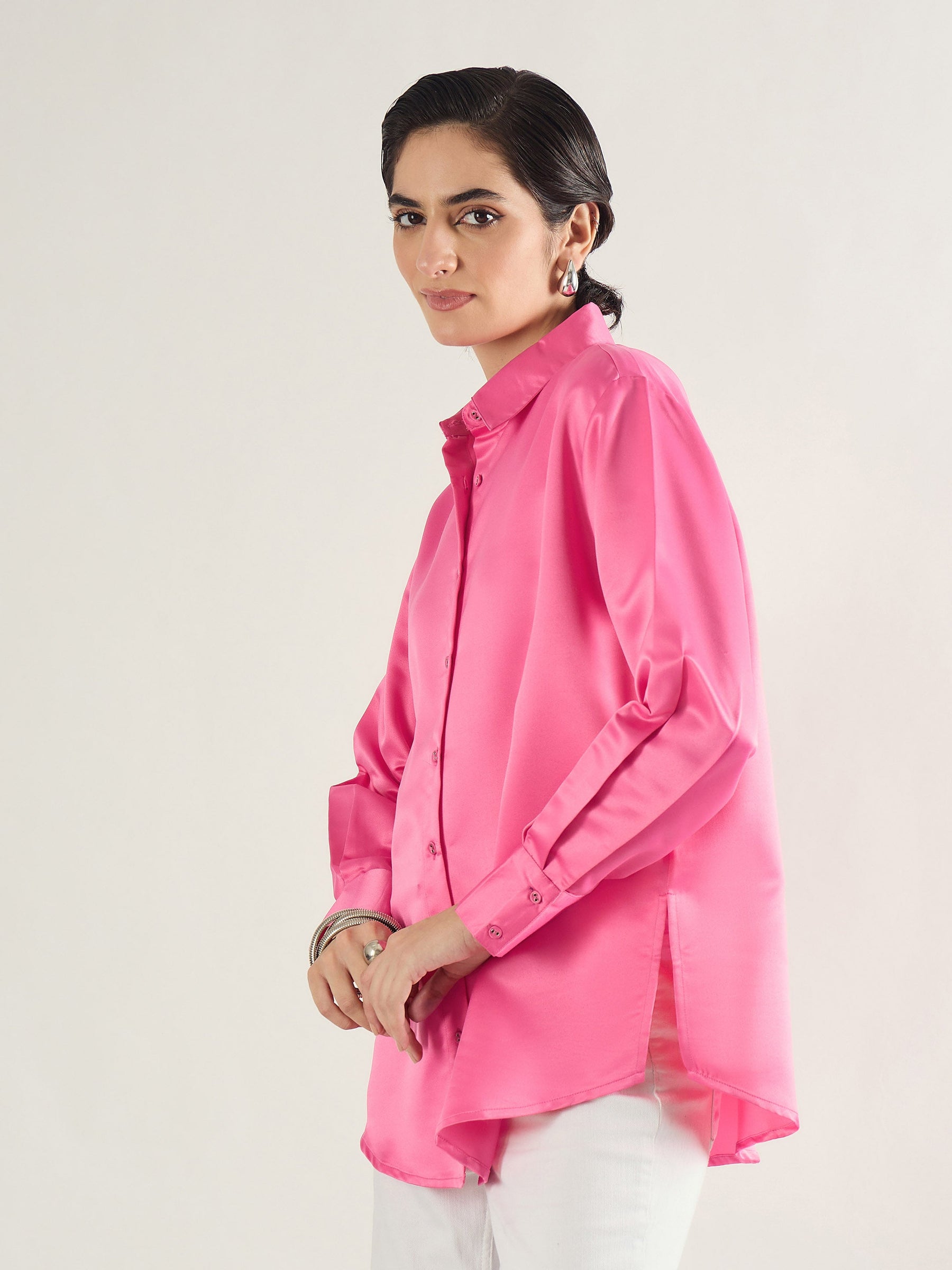 Pink Satin Oversized Shirt-SASSAFRAS