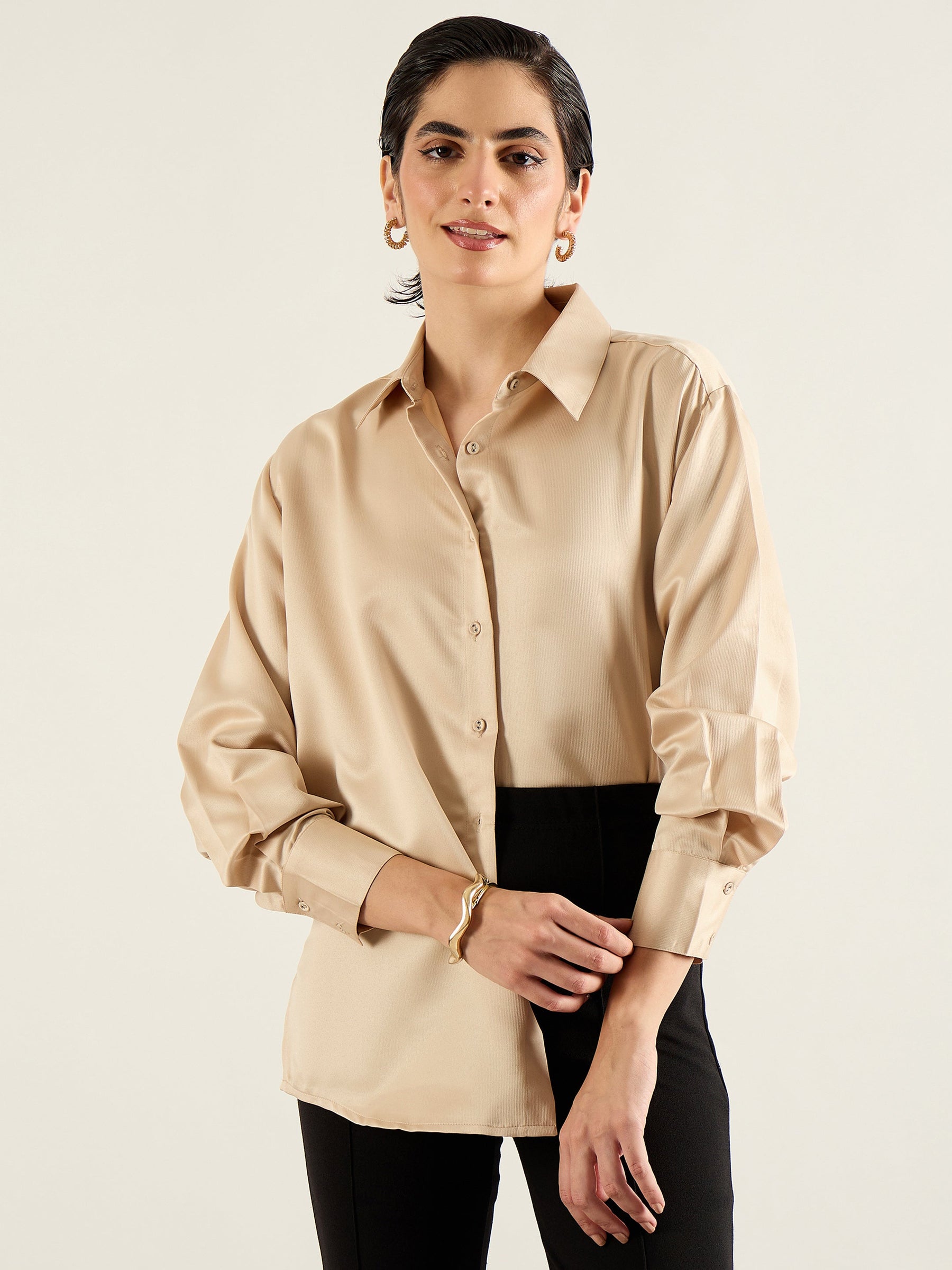 Beige Satin Oversized Shirt-SASSAFRAS