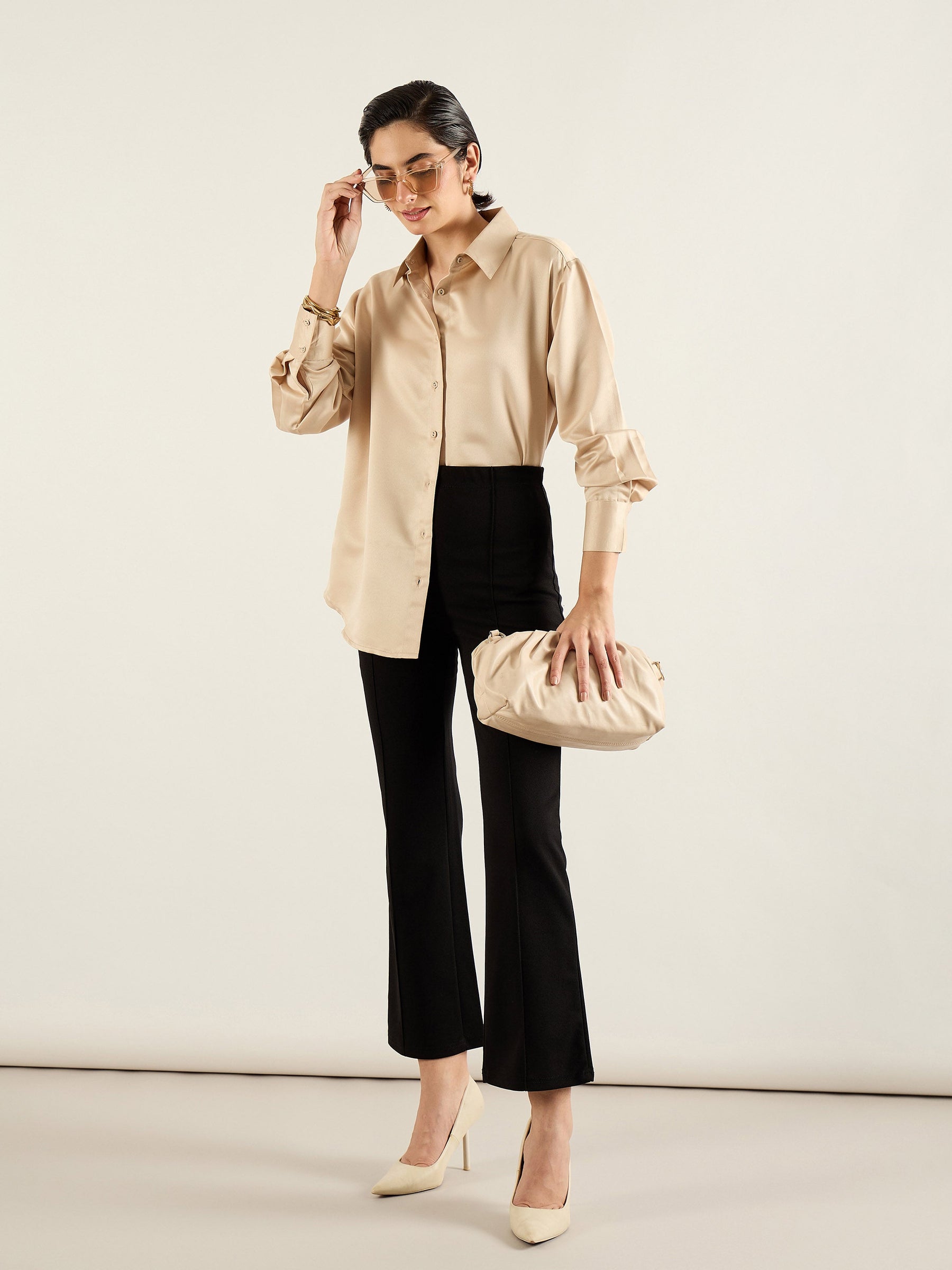 Beige Satin Oversized Shirt-SASSAFRAS