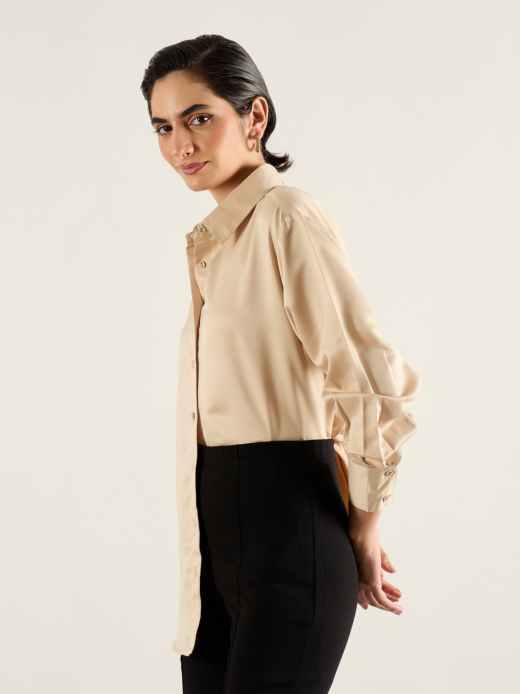 Beige Satin Oversized Shirt-SASSAFRAS
