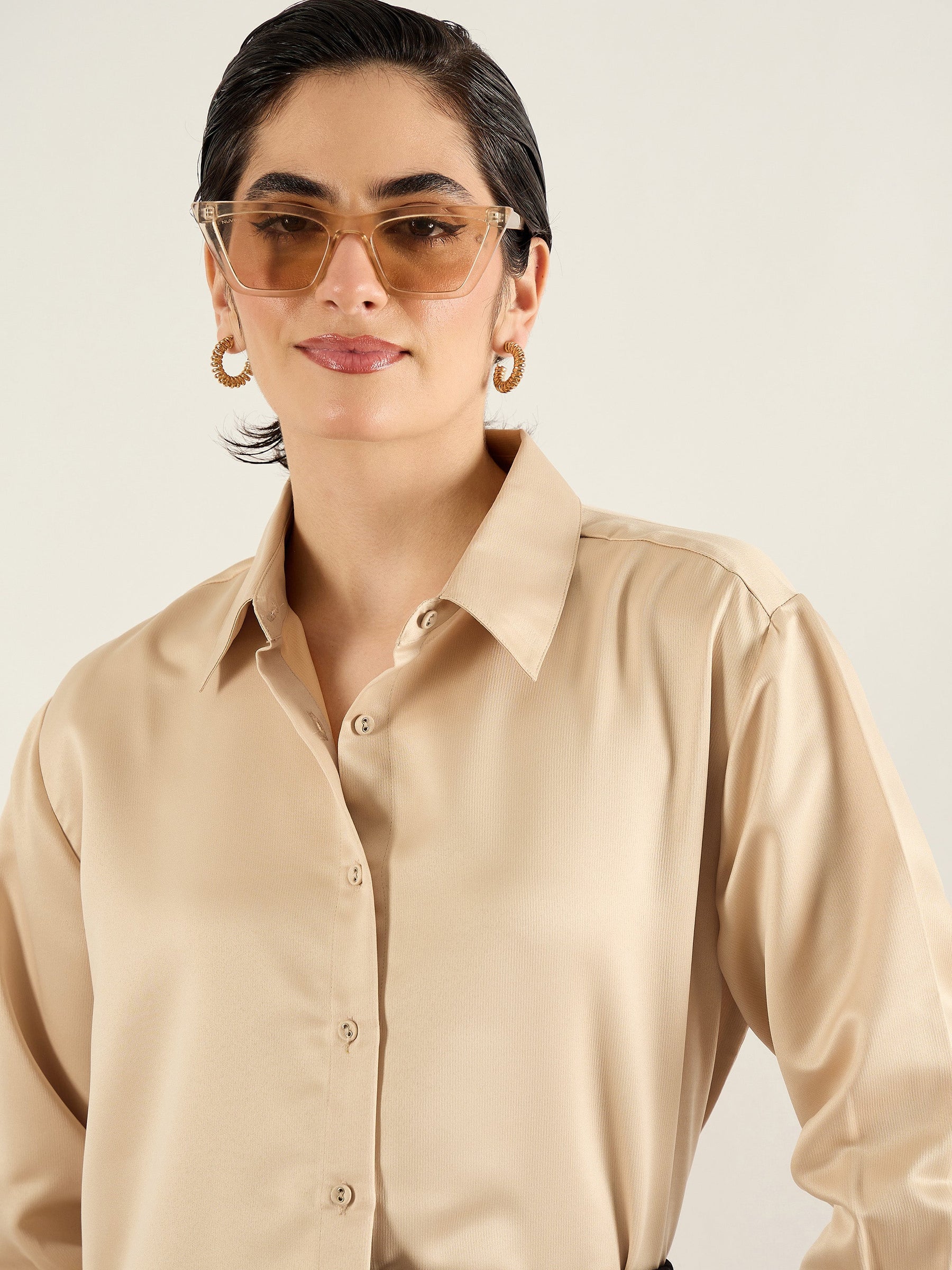 Beige Satin Oversized Shirt-SASSAFRAS