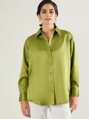 Olive Satin Oversized Shirt-SASSAFRAS