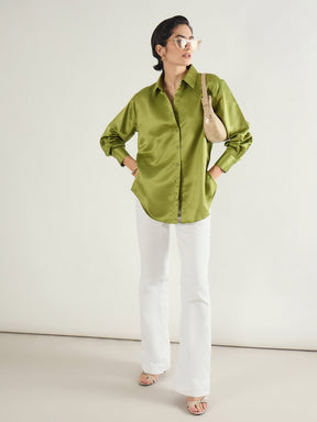 Olive Satin Oversized Shirt-SASSAFRAS