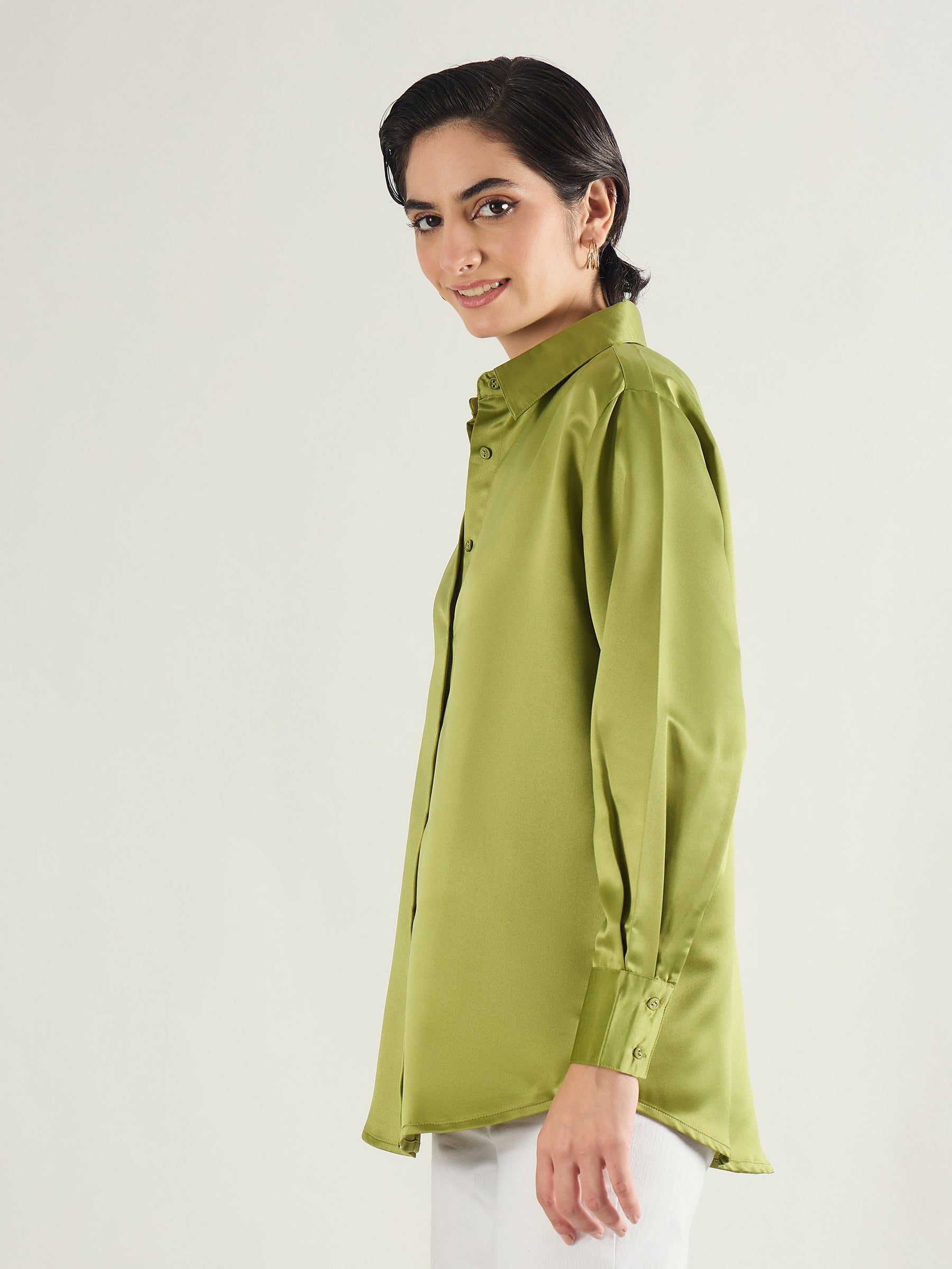 Olive Satin Oversized Shirt-SASSAFRAS