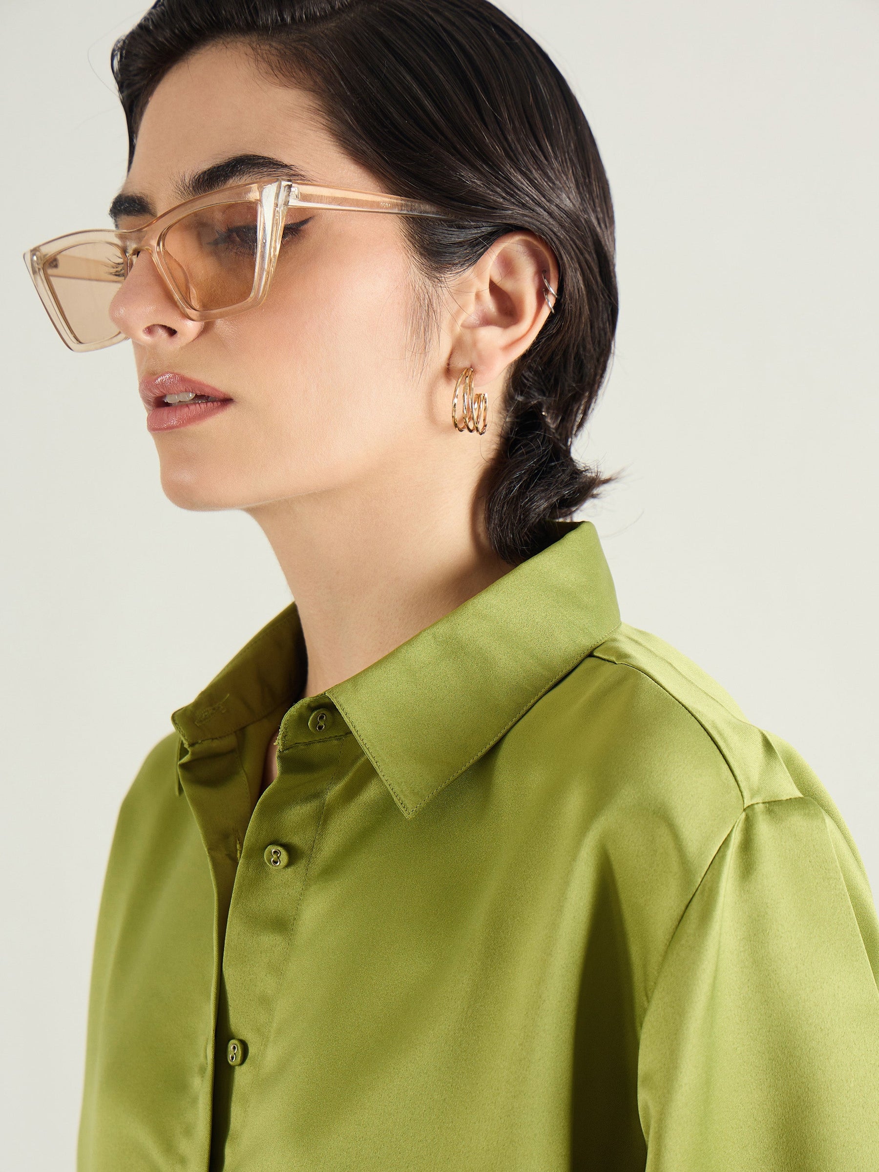 Olive Satin Oversized Shirt-SASSAFRAS