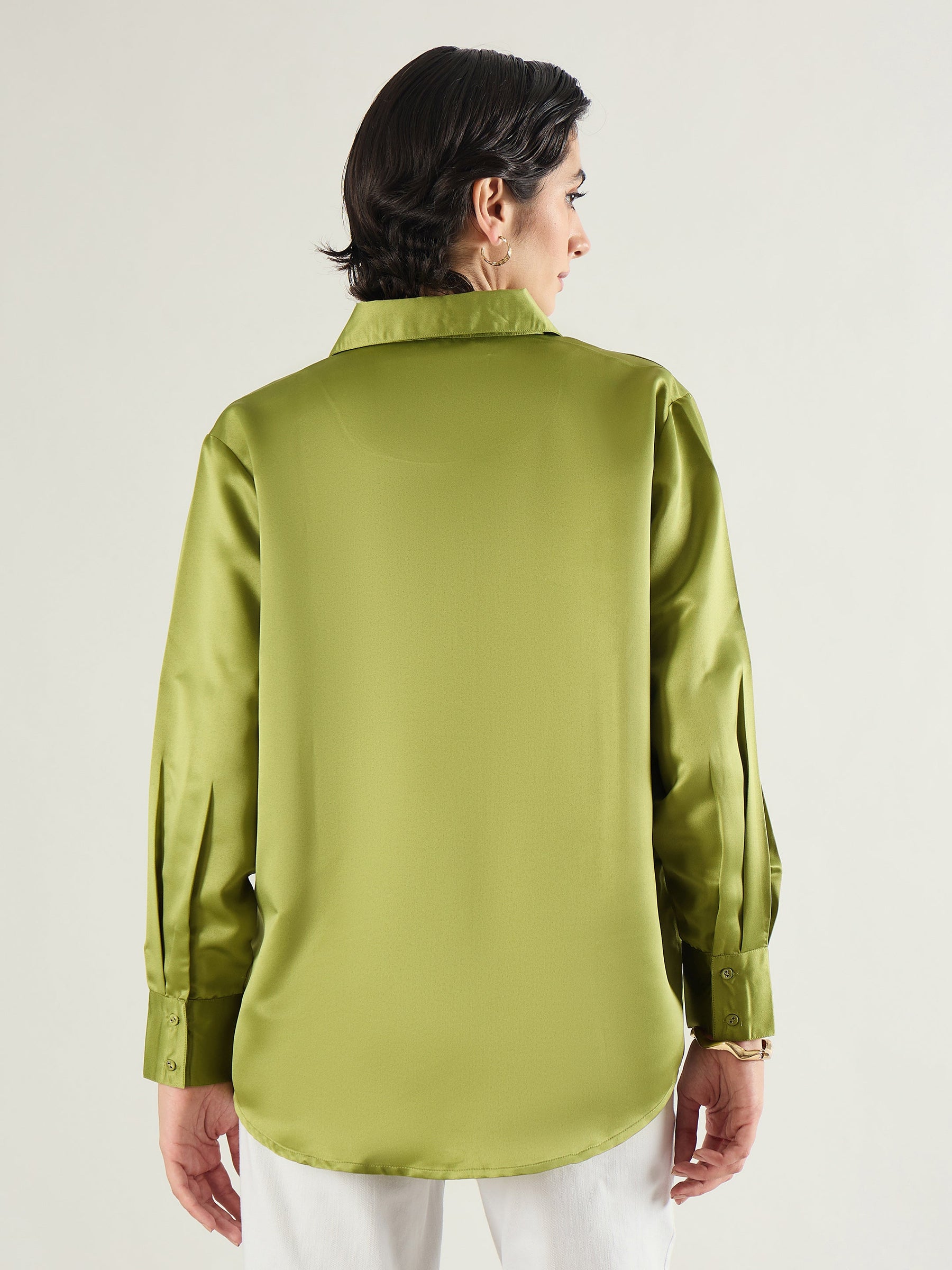 Olive Satin Oversized Shirt-SASSAFRAS