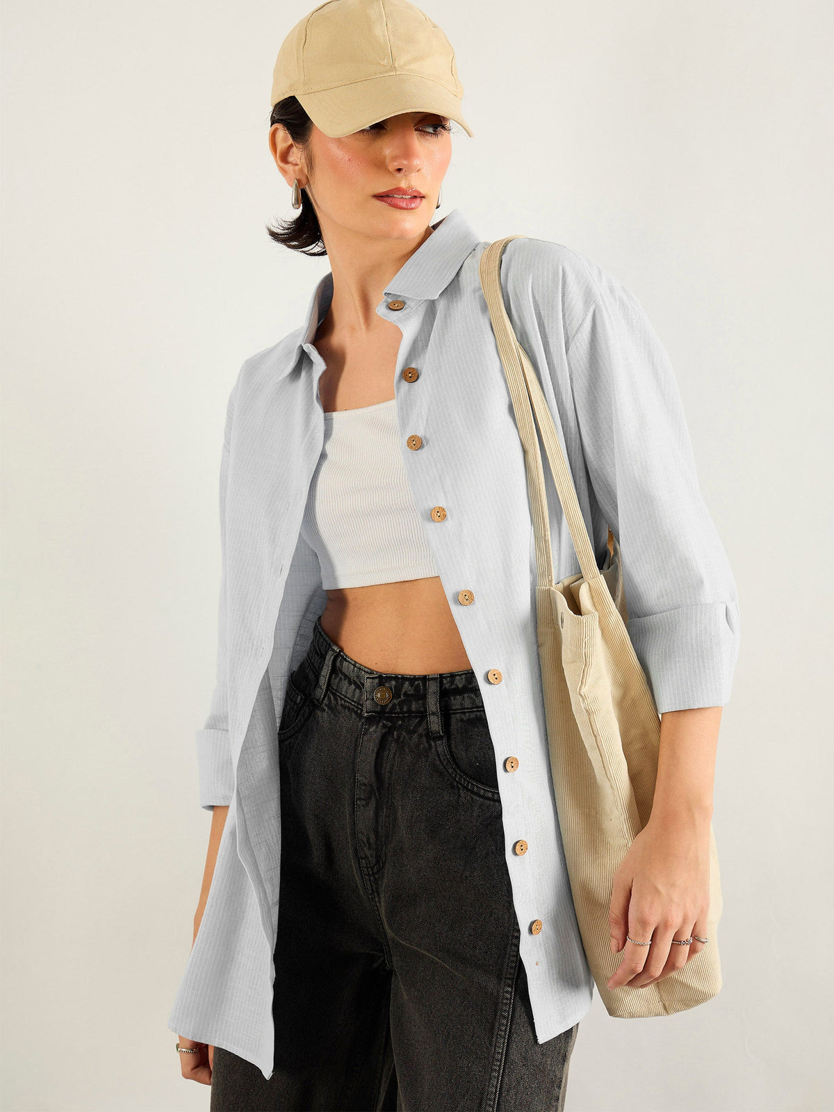 Grey & White Penny Stripes Oversized Shirt -SASSAFRAS