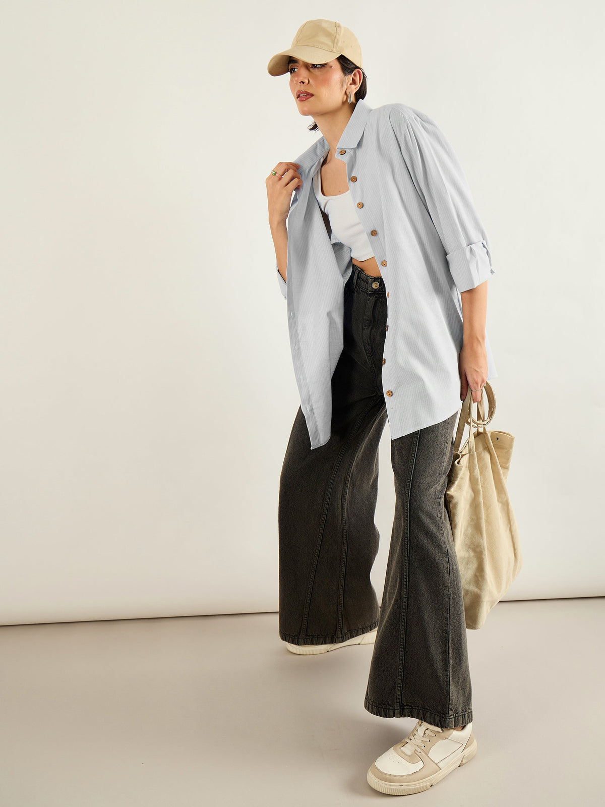Grey & White Penny Stripes Oversized Shirt -SASSAFRAS