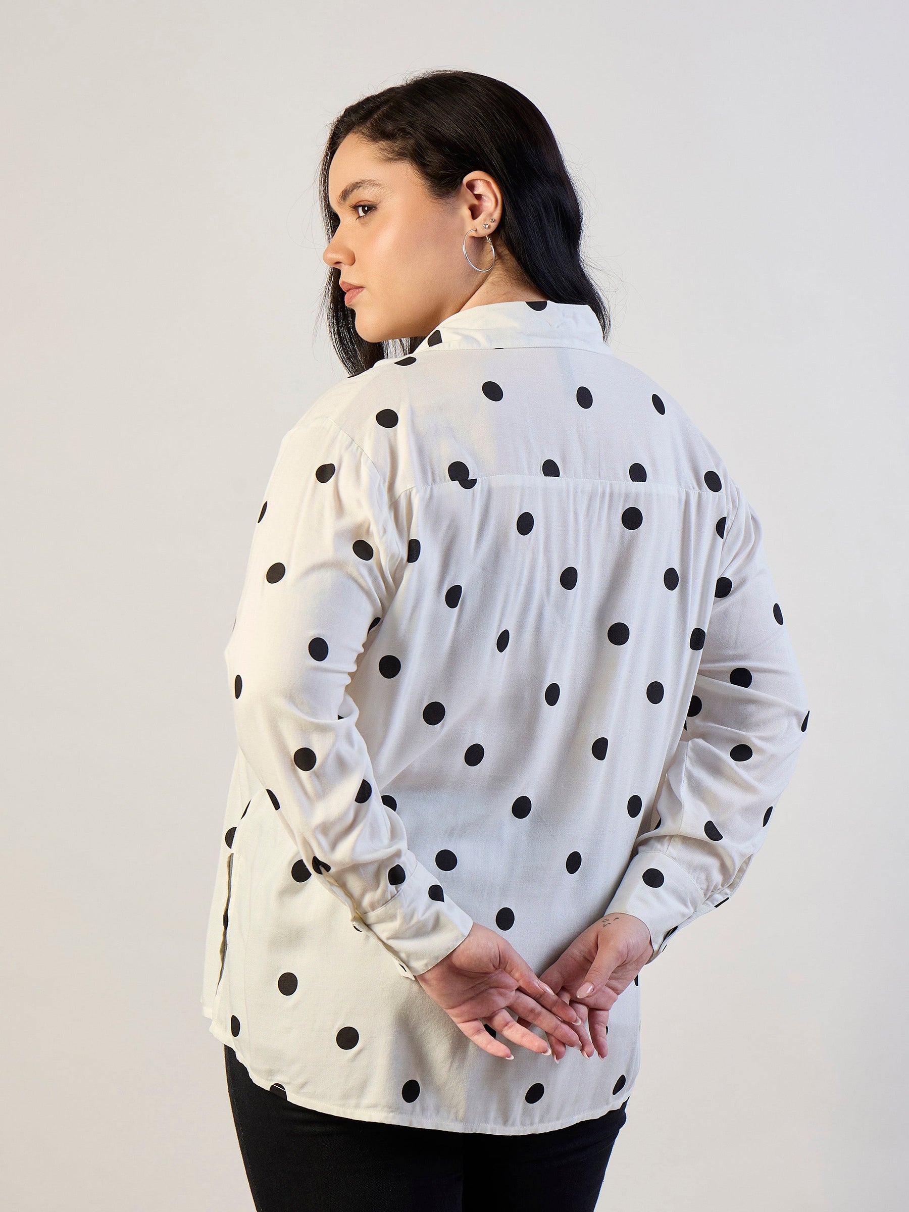White & Black Polka Dot Regular Shirt-SASSAFRAS CURVE