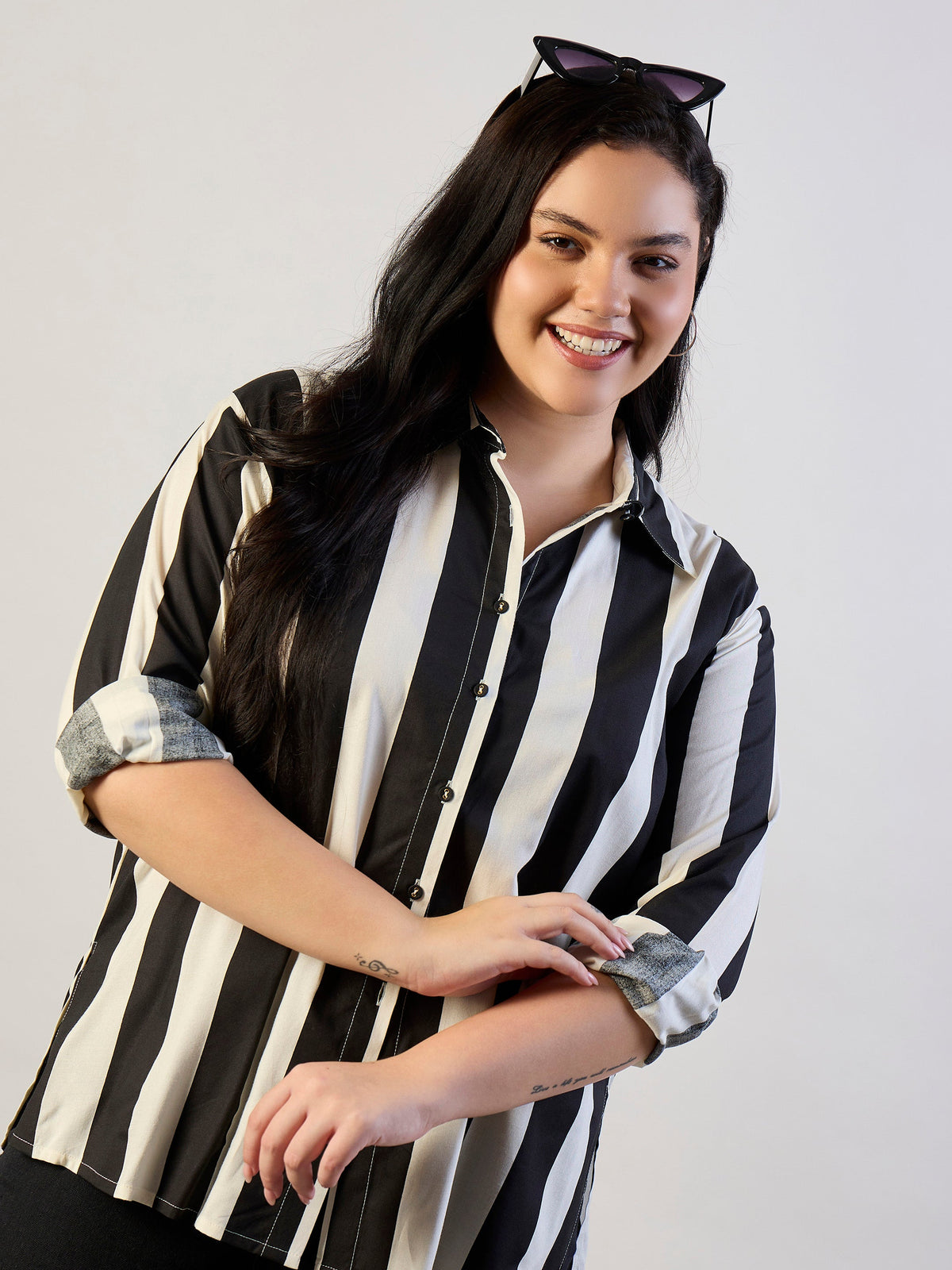 Black & White Striped Regular Shirt-SASSAFRAS CURVE