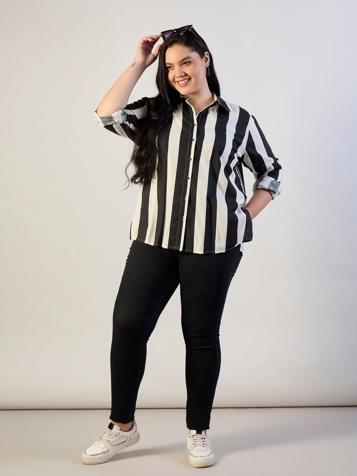 Black & White Striped Regular Shirt-SASSAFRAS CURVE